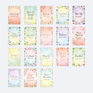 Set of 18 watercolor floral motivational greeting cards with elegant English phrases