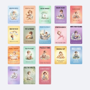 Set of 18 mindfulness cards for kids with watercolor illustrations and yoga poses