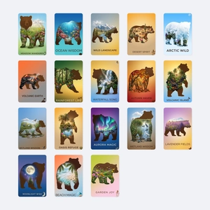 Detailed grid of 18 fantasy bear cards featuring diverse landscapes like ocean and aurora