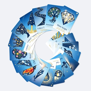 Fächerlayout blauer und goldener Abschlusskarten mit motivierenden Sprüchen und Sternen