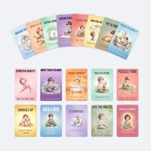 Set of 18 children mindfulness exercise cards with soft watercolor illustrations and instructions