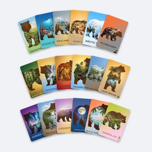 Detail of 18 bear silhouette cards featuring diverse natural landscapes and ecosystems
