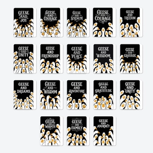 Détail de 18 cartes éducatives noir et blanc avec des oies et des mots inspirants