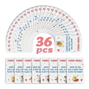 Close-up of 36 English joke and riddle cards with colorful cartoon animal illustrations