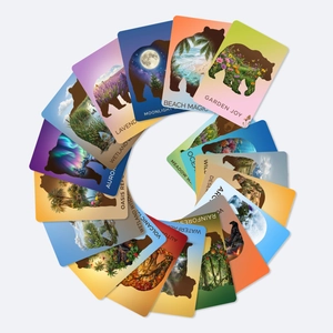 Macro shot of nature-themed cards with bear silhouettes and vibrant scenic landscapes