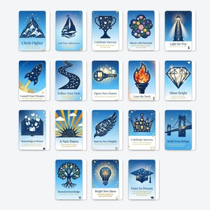 Set aus 18 blau-goldenen Absolventenkarten mit Sternennacht-Design und Sprüchen