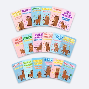 Gros plan de 18 cartes d'affirmation poney avec des motifs colorés et des citations