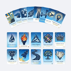 Detailansicht der blau-goldenen Grußkarten zur Graduierung mit Sternenhimmel-Design und Zitaten