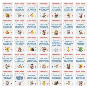 Macro detail of 35 illustrated riddle cards featuring animals playing musical instruments