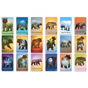 Artistic bear silhouette cards with nature landscape illustrations in 3x6 grid layout