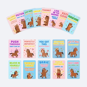 Mise à plat de 18 cartes de motivation poney avec citations inspirantes et colorées
