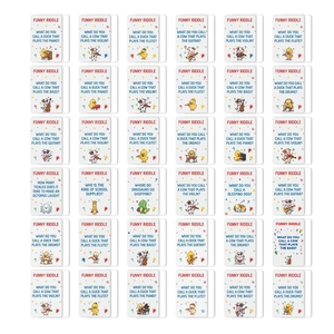 Set of 36 funny riddle cards for kids featuring colorful cartoon animals and English jokes