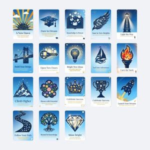 Set aus 18 blau-goldenen Abschlusskarten mit Sternenhimmel-Motiven und Zitaten