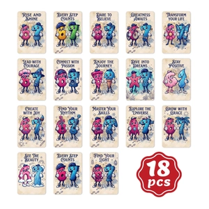 Dettaglio di 18 carte motivazionali con numeri 6 e 7 antropomorfi in stile cartone
