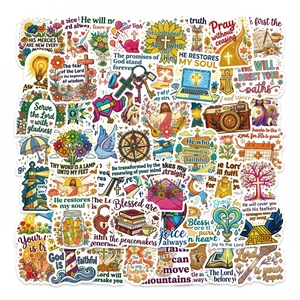 Flat lay of 56 diverse Christian Bible verse stickers with cross and dove icons