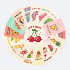 Radiales Layout von Cartoon-Food-Grußkarten mit Wortspielen wie Life is Sweet und One in a Melon