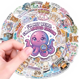Detail of waterproof PVC octopus sticker with text I'M NOT WEIRD I'M A LIMITED EDITION