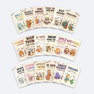 Vue à plat de 18 cartes d'animaux mignons avec des phrases de motivation en anglais