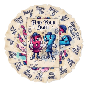 Dettaglio di carte emotive con numeri 6 e 7 antropomorfi e frase Find Your Light