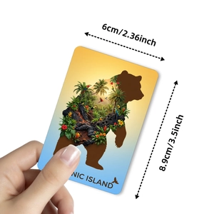 Fantasy bear silhouette card with tropical landscape and parrots, 6x8.9cm collectible sticker