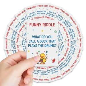 Close-up of English riddle cards with colorful cartoon illustrations for children