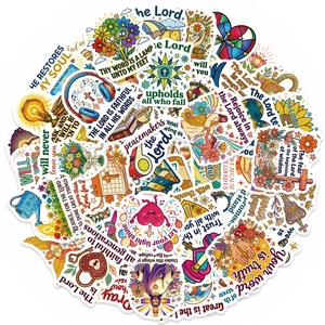 Detailed view of religious Bible stickers featuring crosses and floral illustrations