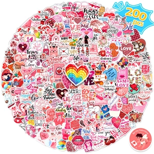 Flat lay macro of 200pcs pink Valentine stickers with hearts and cartoon motifs