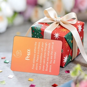 Rainbow gradient healing quote card with Peace message and festive red gift box set