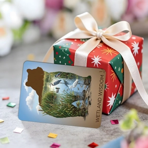 Artistic bear silhouette card featuring a wetland landscape next to a red holiday gift box