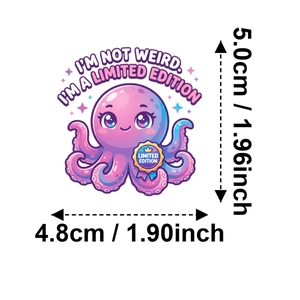 Detail showing cartoon octopus sticker with humorous text and precise dimension markers