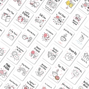 Macro display of 36 children's lunchbox notes with hand-drawn illustrations and quotes
