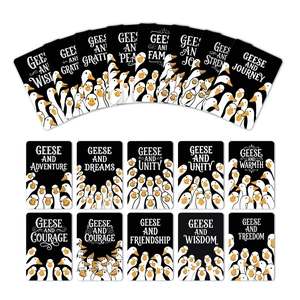 Jeu de 18 cartes éducatives noir et blanc avec illustrations d'oies et slogans