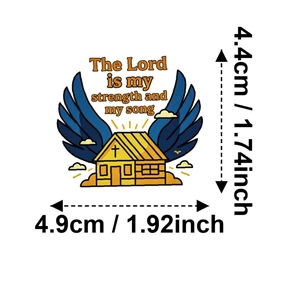 Detail shot of religious patch with yellow house, blue wings and biblical quote