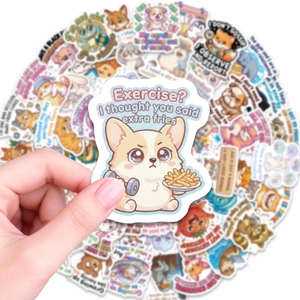Close-up of funny Shiba Inu cartoon sticker with humorous quote for journal decor