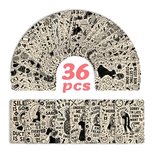 Close-up of 36 vintage aesthetic black humor stickers featuring hand-drawn illustrations