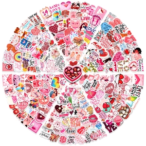 Pink Valentine heart stickers with romantic animal patterns in a circular collage layout