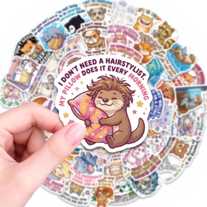 Close-up of cute cartoon otter sticker with humorous quote from a 56-piece waterproof set