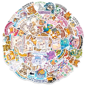 Close-up of assorted waterproof PVC cartoon animal stickers with humorous English quotes