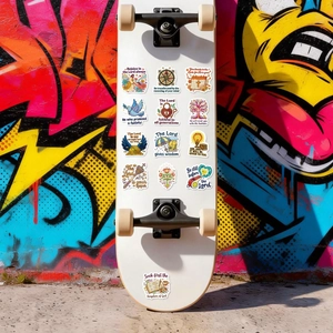 Bible verse stickers with Christian quotes applied on a white skateboard outdoors