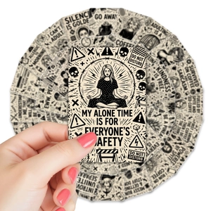 Close-up of vintage black humor quote stickers featuring funny social anxiety sayings