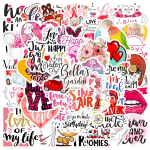 Close-up of pink Valentine's Day waterproof stickers with heart and animal motifs