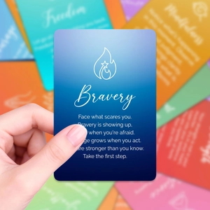 Close-up of matte Bravery affirmation card with gradient blue and rounded corners