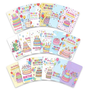 Detail eines 18er Geburtstags-Kartensets mit bunten Cartoon-Kuchen und süßen Tieren