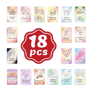 Nahaufnahme von 18 minimalistischen Grußkarten mit romantischen Aquarell-Illustrationen
