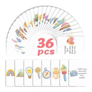 Detailed view of 36 hand-drawn motivational cards with pastel icons and round corners