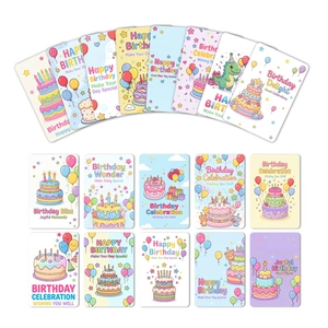 Set aus 18 Kawaii Geburtstagskarten mit süßen Tieren und bunten Illustrationen
