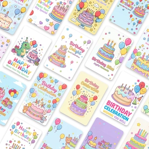 Set aus 18 japanischen Kawaii-Geburtstagskarten mit Kuchen, Dinosauriern und Ballons