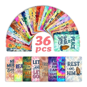 Detailed view of 36 motivational prayer hand stickers with colorful tie-dye patterns