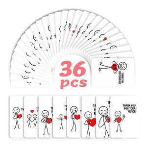 Detail view of 36 stick figure thank you stickers with red hearts and cute illustrations
