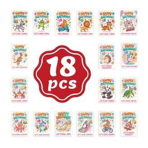 Set of 18 colorful animal birthday cards with vibrant cartoon illustrations and text